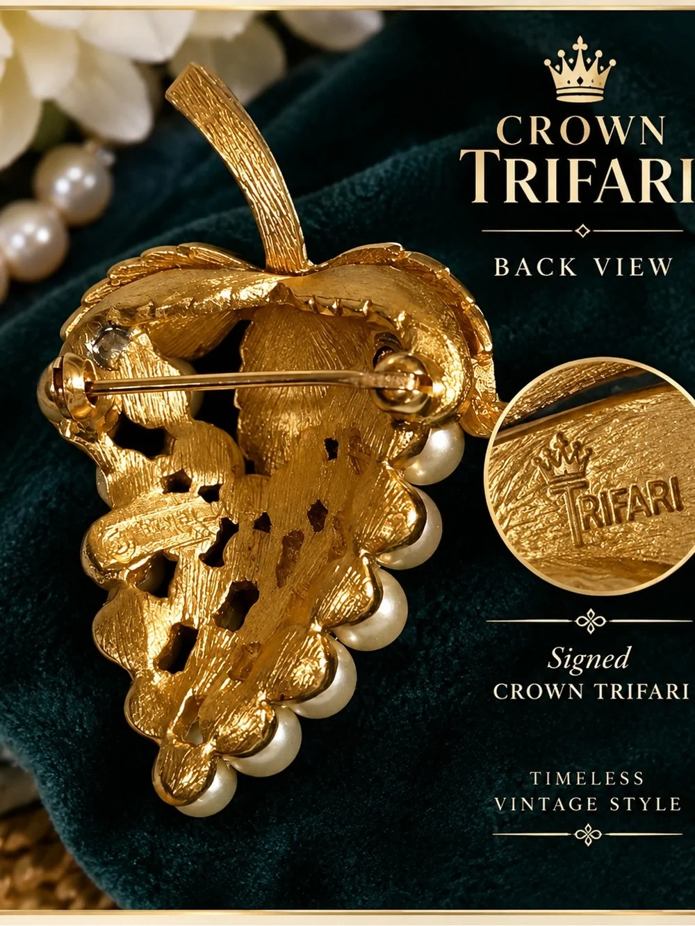 Crown Trifari Gold Tone Faux Pearl Grape Brooch with Cream Pearls